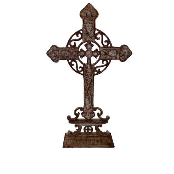 Antique Ornate Cast Iron Celtic Cross Tabletop Decor - Picture 5 of 8